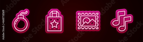 Set line Bomb ready to explode, Paper shopping bag, Postal stamp and Music note, tone. Glowing neon icon. Vector