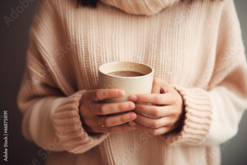 Woman in cozy sweater holding a big cup with coffee close up