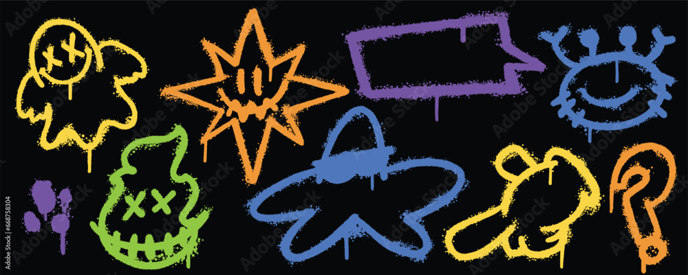 Set graffiti color spray paint. Collection of ghost, starfish, crab, fire Isolated Vector
