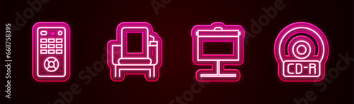 Set line Remote control, Cinema chair, Projection screen and CD or DVD disk. Glowing neon icon. Vector