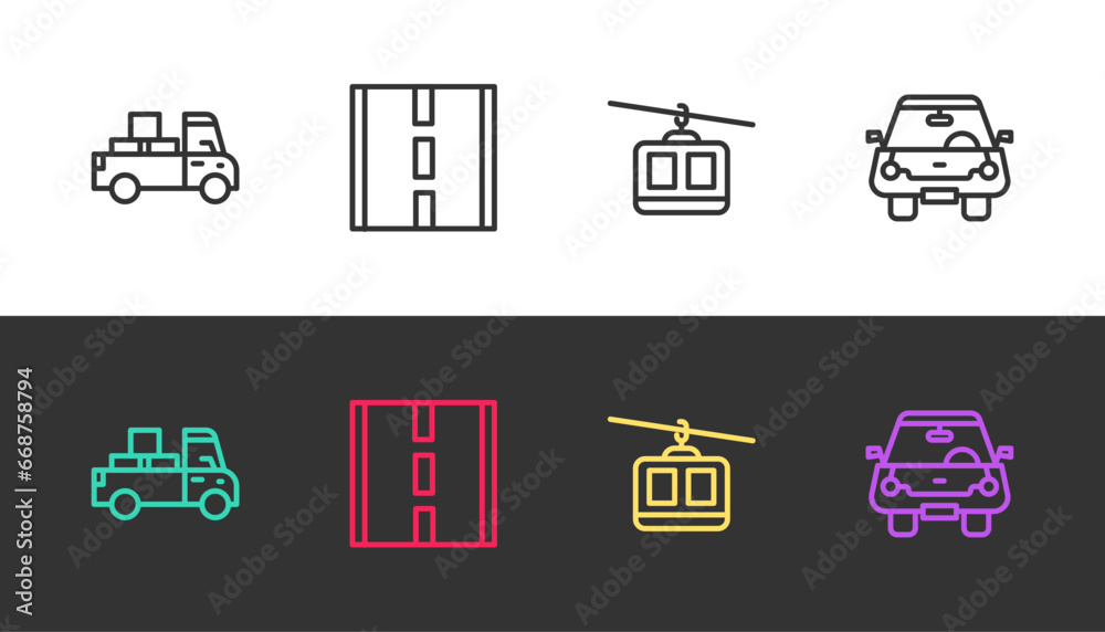 Set line Delivery truck, Road, Cable car and Car on black and white. Vector Set line Delivery truck, Road, Cable car and Car on black and white. Vector