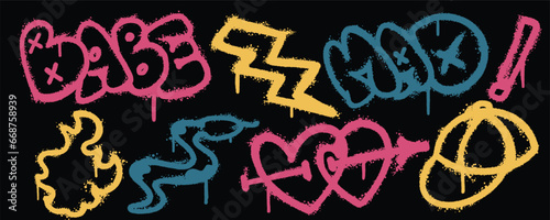 Set graffiti color spray paint. Collection of babe, lightning, had, snake, fire, hat Isolated Vector