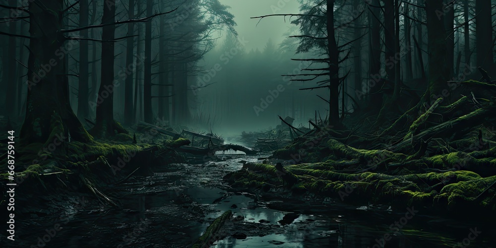 Naklejka premium An eerie and mysterious forest in a parallel universe where the laws of nature differ from our own. Concept of extraterrestrial landscape by Generative AI