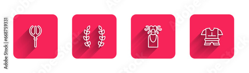 Set line Neptune Trident, Laurel wreath, Medusa Gorgon and Body armor with long shadow. Red square button. Vector