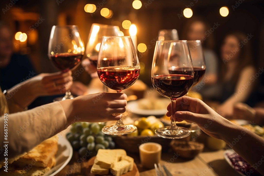 A group of people holding wine glasses with cheese and grapes on a wooden table with lights in the background and lights on the wall behind them