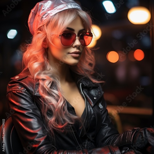 Stylish girl in a leather jacket and pink hair. Seductive gaming character in cyberpunk style. Neon background