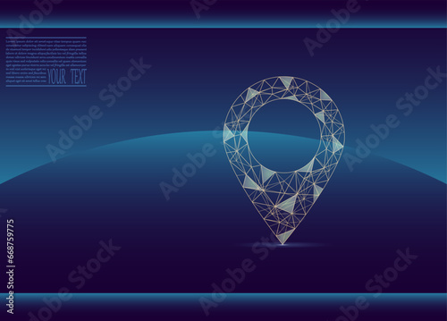 Vector illustration of a label for a map, made up of a technological grid and dots.Navigator pin checking map. Map location, vector icon on dark blue background.