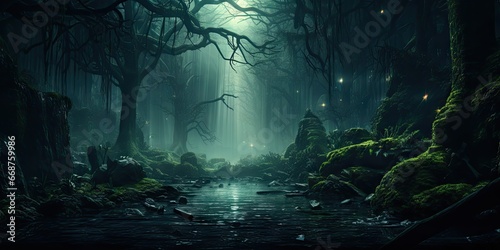 An eerie and mysterious forest in a parallel universe where the laws of nature differ from our own. Concept of extraterrestrial landscape by Generative AI