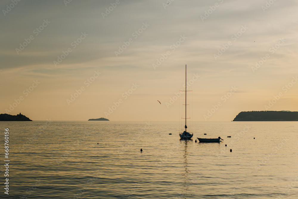 Amazing sunset and the Adriatic sea near Dubrovnik city, Croatia.