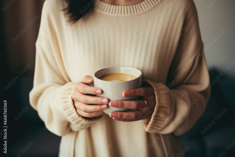 Woman in cozy sweater holding a big cup with coffee close up