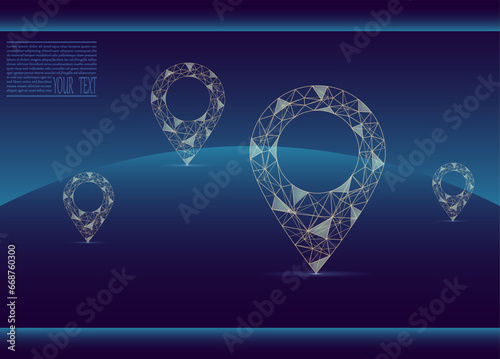 Vector illustration of a label for a map, made up of a technological grid and dots.Navigator pin checking map. Map location, vector icon on dark blue background.