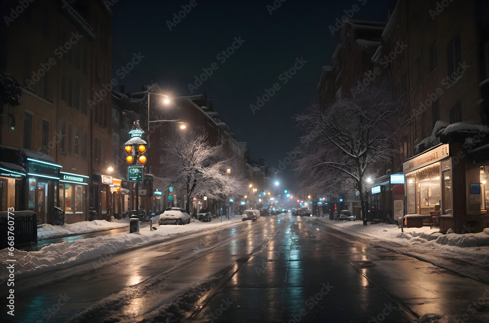 Night traffic in the city, In the style of cinematic, a winter city scene under soft snowfall at dusk