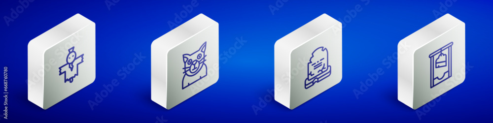 Set Isometric line Scarecrow, Cat, Tombstone with RIP written and Guillotine icon. Vector