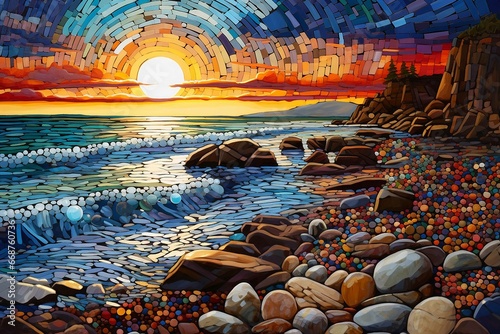 A painting of a rocky shore carved with pebbles and painted with the sun  in the style of light silver and azure  vibrant mosaic  neo - mosaic