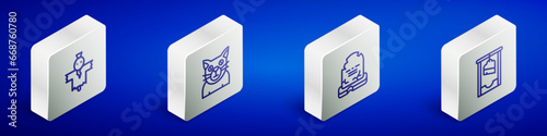 Set Isometric line Scarecrow, Cat, Tombstone with RIP written and Guillotine icon. Vector