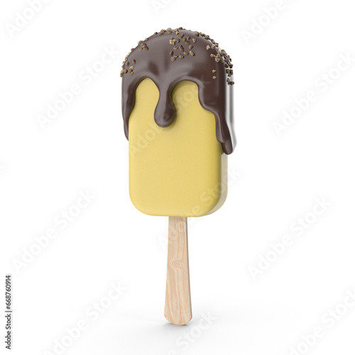 A chocolate ice cream suspended in the air while bathed in milk from above, 3D Rendering, Chocolate pouring over ice cream,