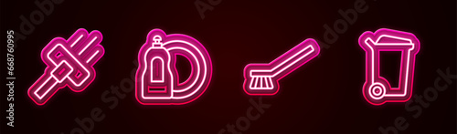 Set line Vacuum cleaner, Dishwashing liquid bottle, Brush for cleaning and Trash can. Glowing neon icon. Vector