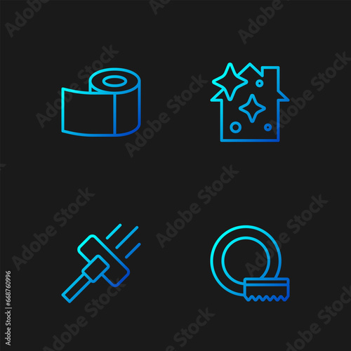 Set line Washing dishes, Vacuum cleaner, Toilet paper roll and Home cleaning service. Gradient color icons. Vector