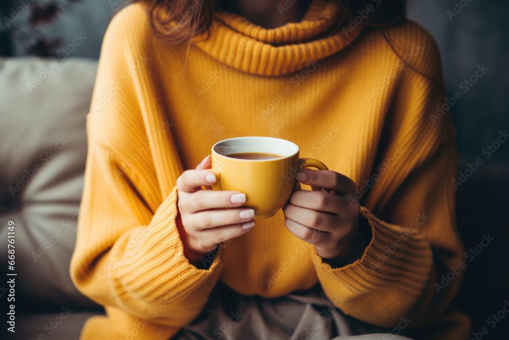 Woman in cozy sweater holding a big cup with coffee close up