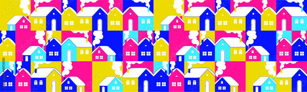 Graphic Christmas pattern. Holidays 2024 postcard. Cozy winter village. Graphic Christmas pattern. Holidays 2024 postcard. Cozy winter village.