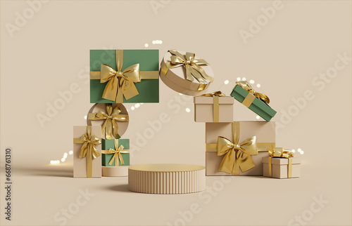 3D podium display. Beige Christmas background with gift box showcase for beauty product presentation or text.  Fairy lights and Pedestal in studio. 3D render Christmas mockup.