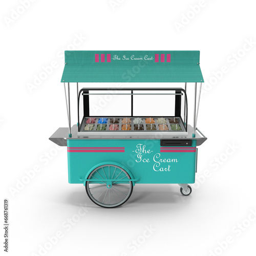 Ice cream cart trolley with various types of delicious ice cream showcase, Street cart with awning. Easy to use for advertising branding, 3D Rendering, sweet frozen food kiosk