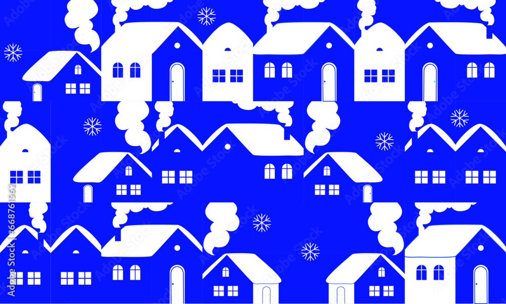 Graphic Christmas pattern. Holidays 2024 postcard. Cozy winter village.