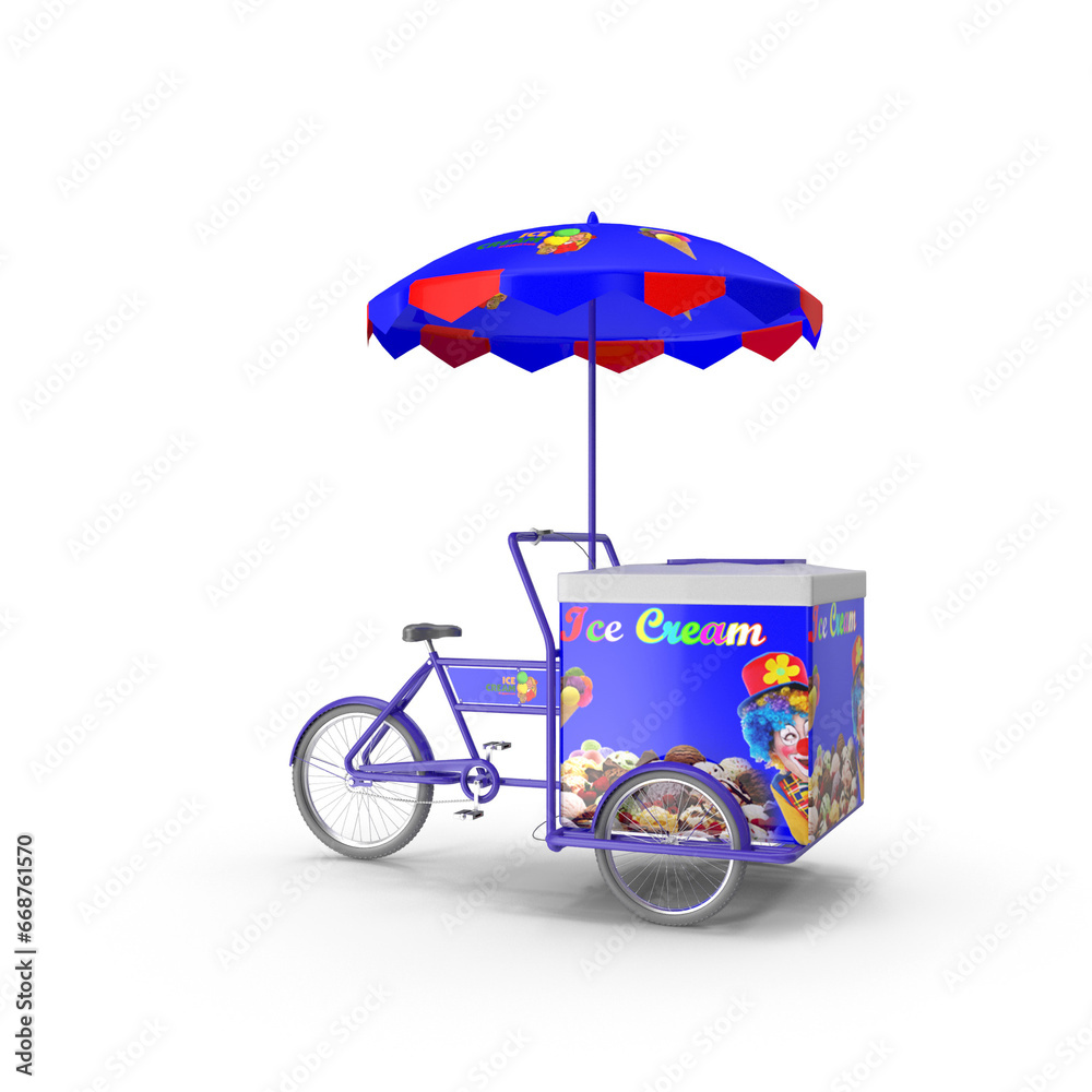 3D Ice cream Cart rickshaw bike with branded large umbrella shade, Street cart with awning. Mockup template for branding and product designs. Easy to use for advertising branding and marketing.