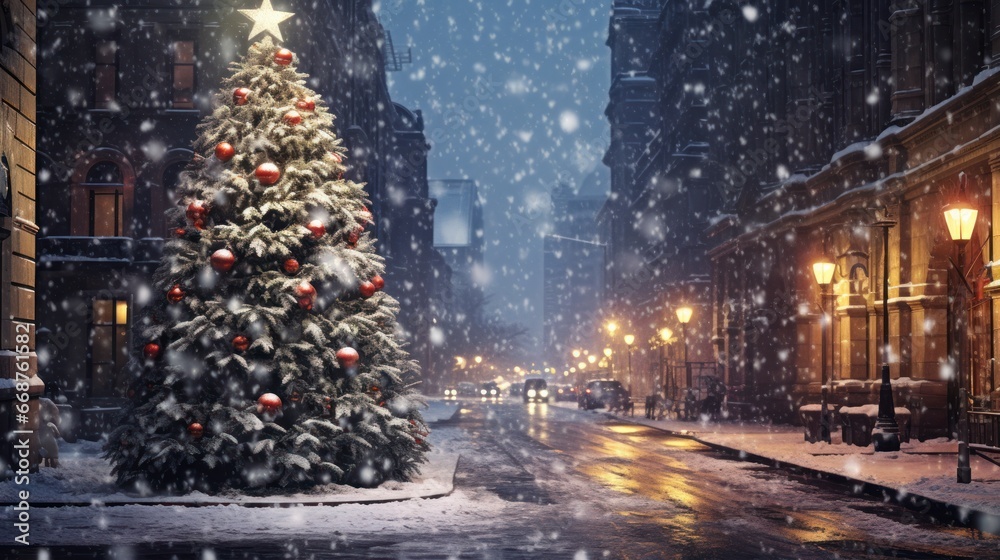 A Christmas tree stands high on a city street, fluffy snow flies by, a festive atmosphere.