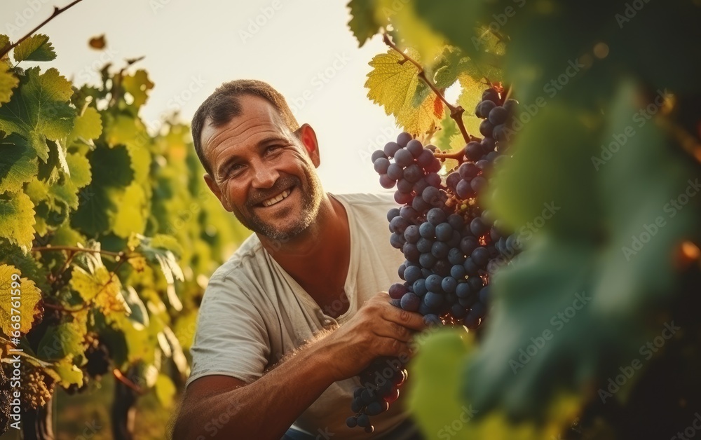 Obraz premium Smiling handsome man winegrower is harvesting grapes