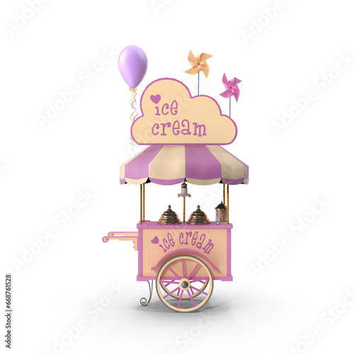 3D colorful Ice cream cart delicious trolley with various types of ice cream showcase for kids, Street cart with awning. Easy to use for advertising branding, sweet frozen food pink kiosk for mockup