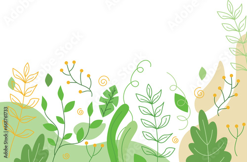a green and yellow background with plants and leaves