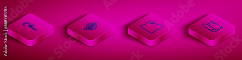 Set Isometric line Crook, Egyptian symbol Winged sun, Map of and Papyrus scroll icon. Vector