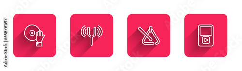 Set line DJ playing music, Musical tuning fork, Triangle musical instrument and player with long shadow. Red square button. Vector