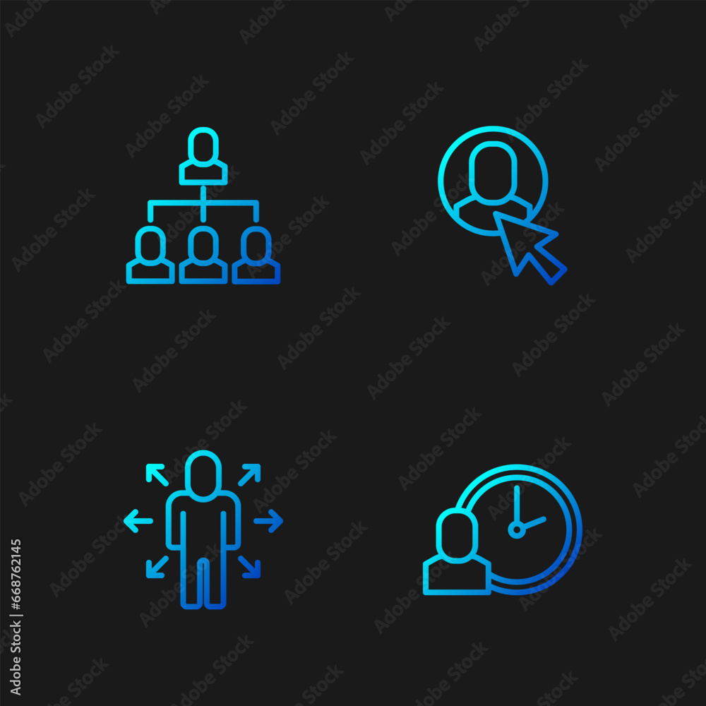 Set line Work time, Multitasking manager working, Employee hierarchy and Worker. Gradient color icons. Vector Set line Work time, Multitasking manager working, Employee hierarchy and Worker. Gradient color icons. Vector