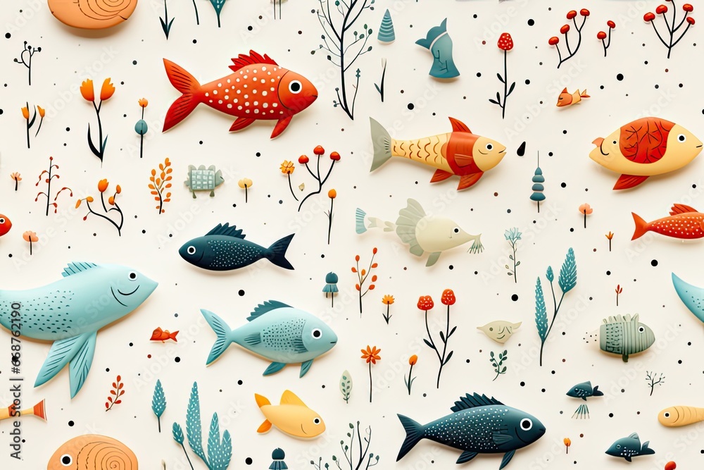 seamless pattern with cute  fish and seaweed illustrations,a simple design for baby room decor and nursery decoration.cartoon  fish and seaweed.illustrations for nursery pattern.
 - obrazy, fototapety, plakaty 