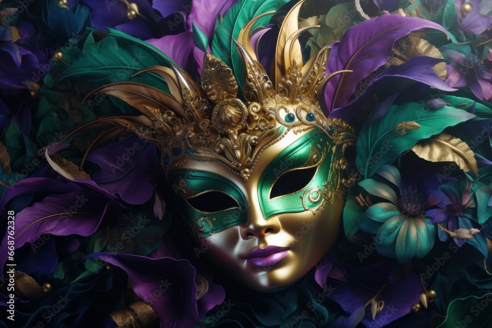 Happy Mardi Gras.  Venetian or carnival mask  in gold, purple and green colors, pattern for background  or greeting card