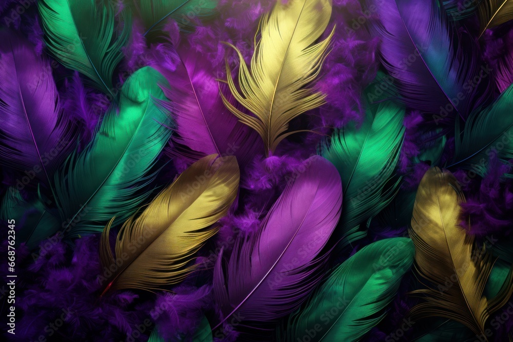 Obraz premium Beautiful bright background of feathers in purple, green and yellow colors, for the Mardi Gras festival.