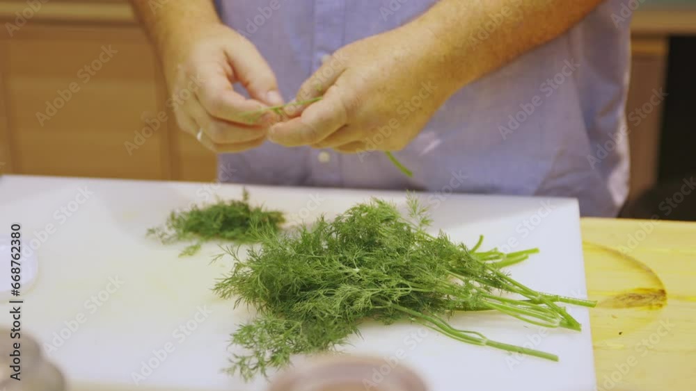 Cooking - chef in the kitchen cuts dill - cooking in the restaurant Cooking - chef in the kitchen cuts dill - cooking in the restaurant