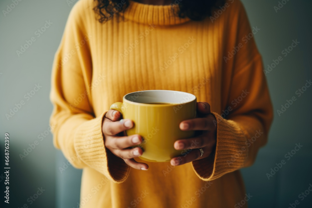 Woman in cozy sweater holding a big cup with coffee close up Woman in cozy sweater holding a big cup with coffee close up