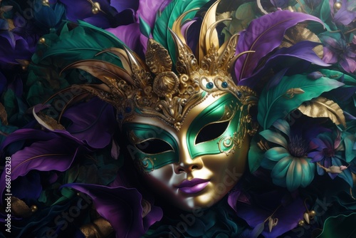 Happy Mardi Gras.  Venetian or carnival mask  in gold, purple and green colors, pattern for background  or greeting card © Alexandr