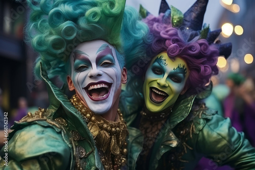 Happy young men with painted faces, bright clothes and colorful hair for a masquerade, Mardi Gras festival. 