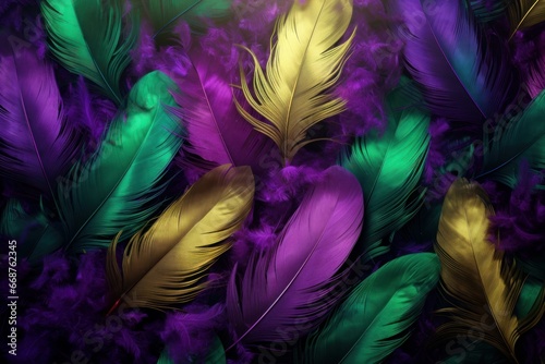 Beautiful bright background of feathers in purple, green and yellow colors, for the Mardi Gras festival.