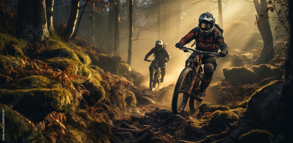 Group of mountain bikers on muddy tack in forrest. Extreme sport concept. Group of mountain bikers on muddy tack in forrest. Extreme sport concept.