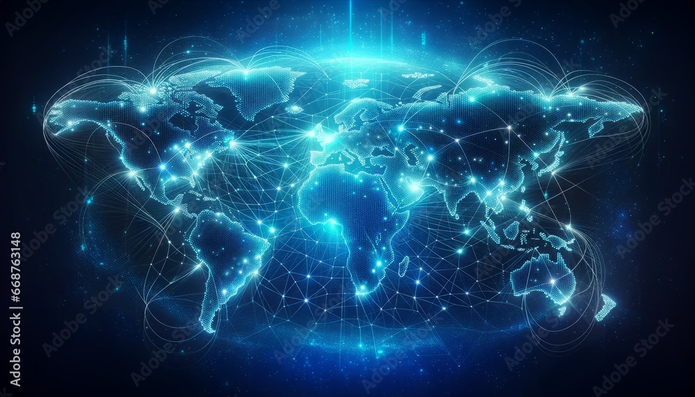 A 3D holographic world map illustrating global data transfer and communication A 3D holographic world map illustrating global data transfer and communication