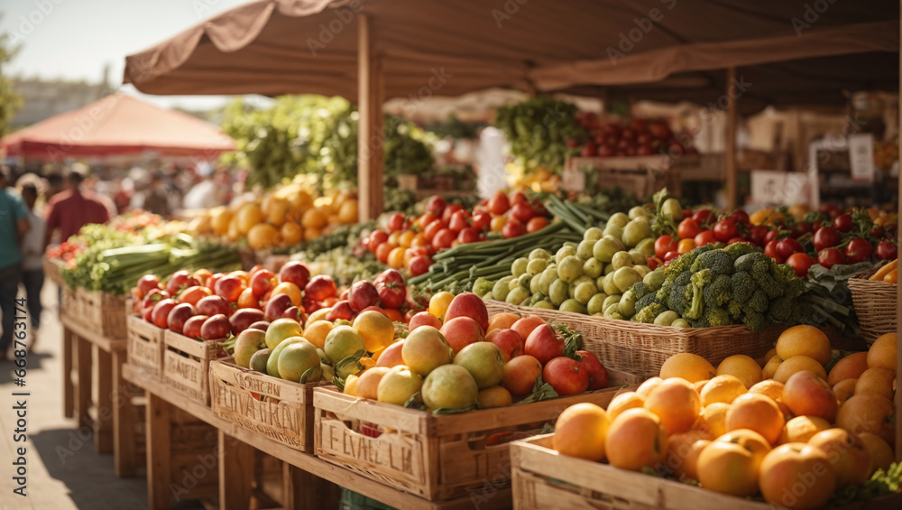 A bountiful farmers' market display with baskets of fresh vegetables and fruits under a warm, golden sun.
