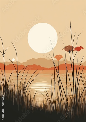 Silhouette mountain landscape nature tree sky background sunset lake water grass illustration