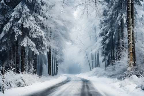 Paisaje de bosque de abetos en invierno, cubierto de nieve, niebla atravesado por una carretera solitaria