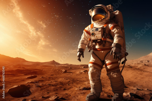 astronaut in a spacesuit stands on the surface of the red planet.