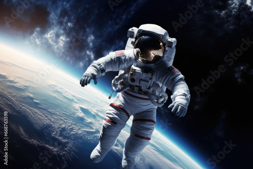 astronaut in a spacesuit flies in outer space against the backdrop of a beautiful unknown planet.